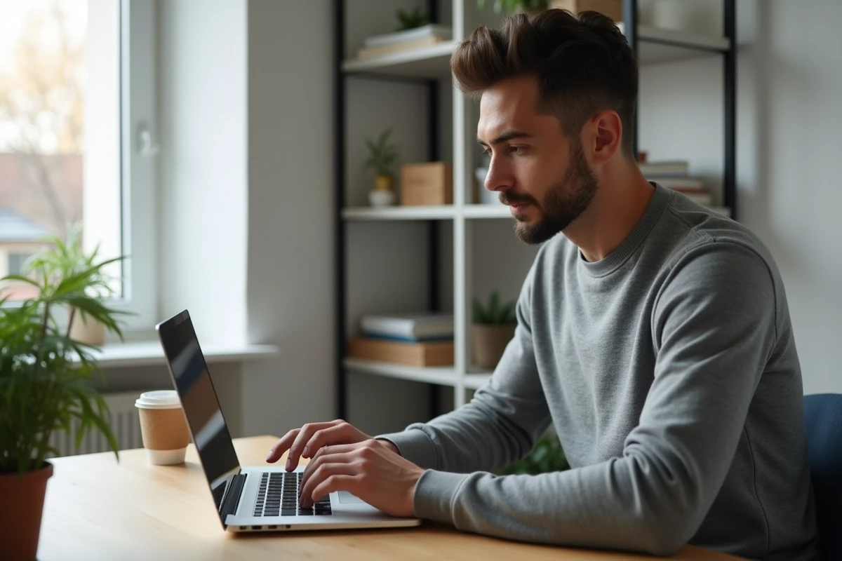 Homme utilisant une application de revente de vêtements en ligne sur son ordinateur portable depuis son appartement