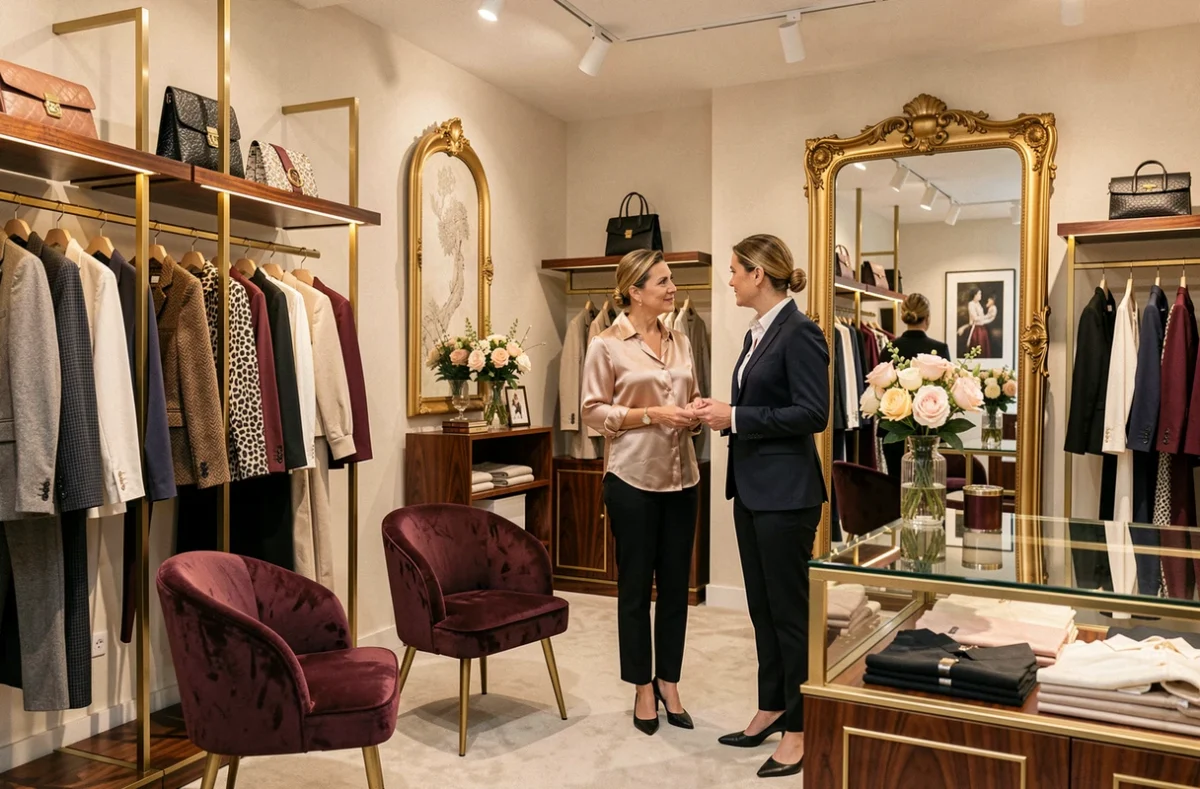 Intérieur haut de gamme de la boutique Al Teatro à Toulouse, cliente et vendeuse discutant d'une blouse en soie dans un espace luxueux aux fixures en laiton brossé