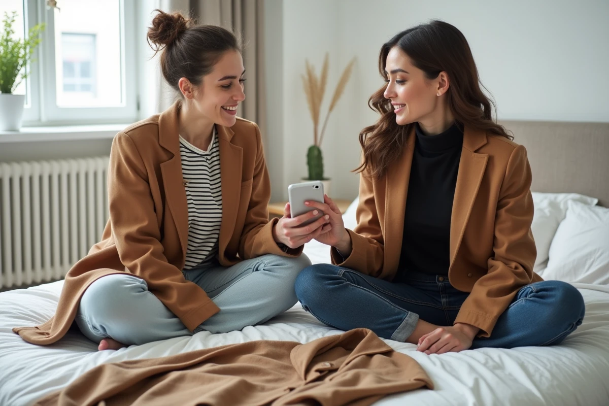 Deux amies comparant des looks de blog mode sur smartphone entourées de vêtements pour composer des tenues tendance à petit budget