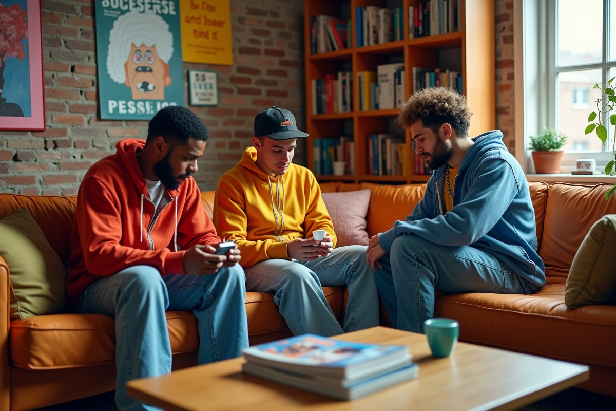 Trois amis en streetwear vintage arrangeant des cassettes dans un appartement rétro
