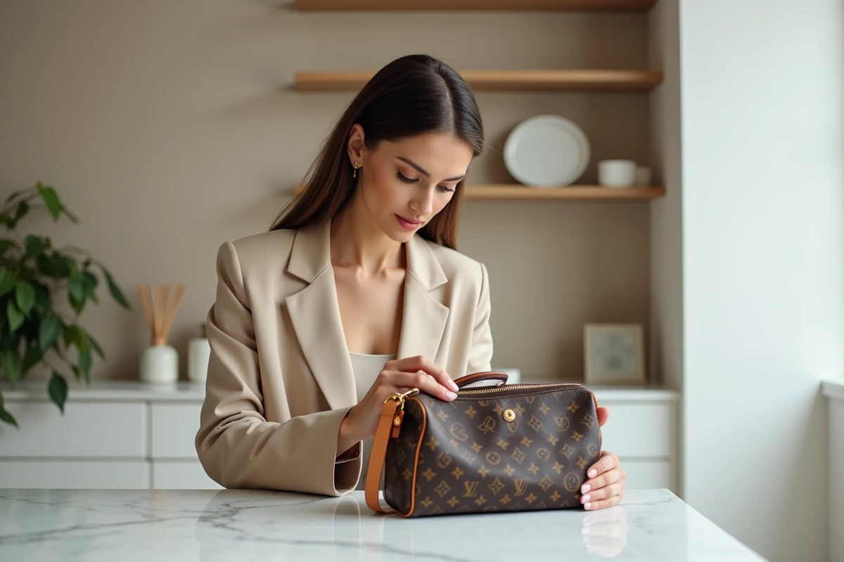 Femme analysant un sac Louis Vuitton avec une loupe pour vérifier l'authenticité du logo et des finitions