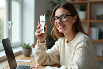 Femme essayant des lunettes virtuellement grâce à une application de réalité augmentée sur smartphone