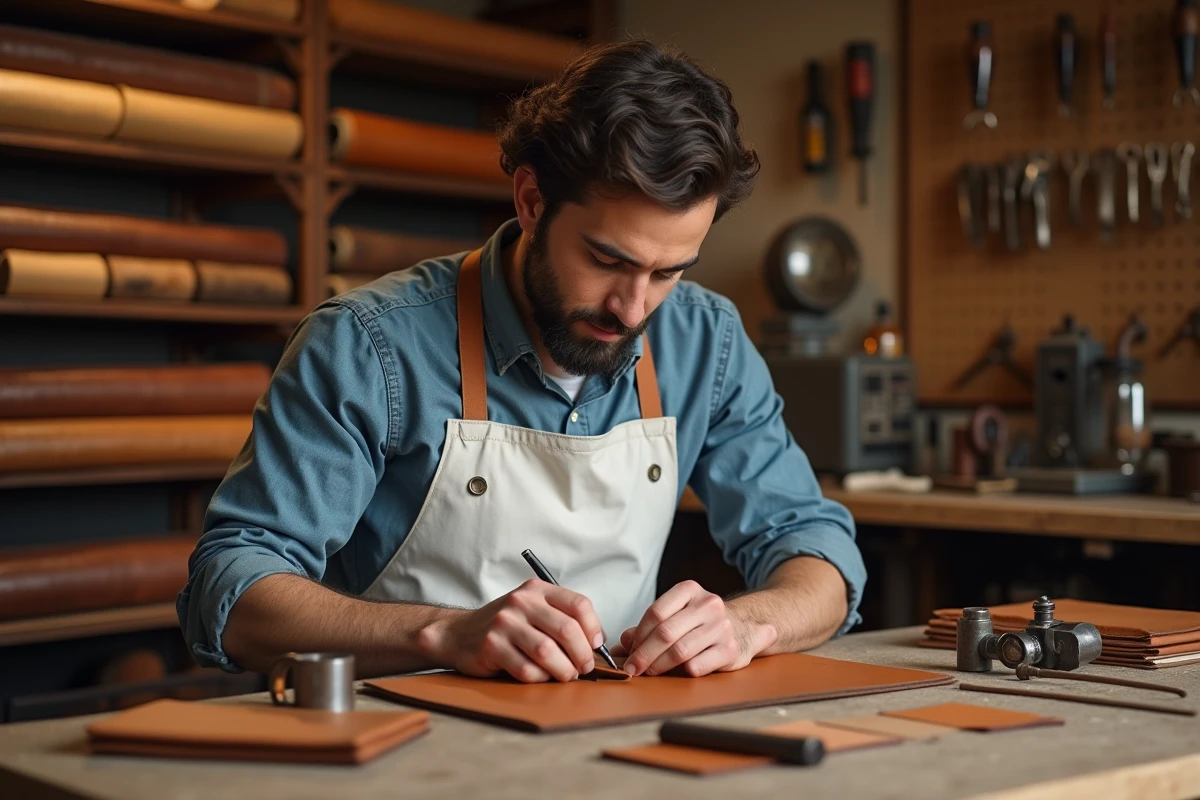 Artisan maroquinier cousant à la main un portefeuille en cuir dans un atelier traditionnel français, symbolisant le savoir-faire au cœur des maisons LVMH