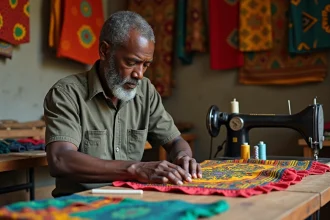 Artisan tailleur africain cousant à la main une chemise en tissu wax dans son atelier traditionnel