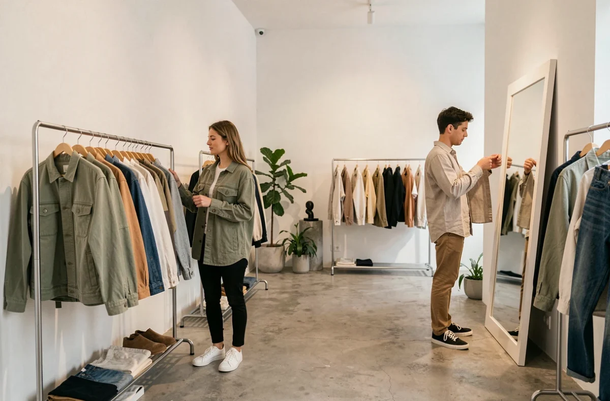 Intérieur de la boutique Atcha, mode mixte contemporaine à Grenoble