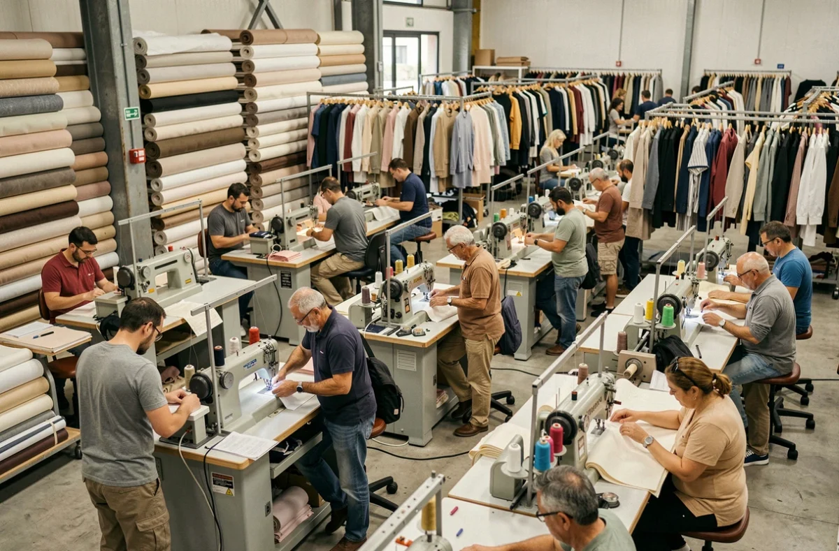 Atelier de confection textile en Espagne avec des ouvriers qualifiés travaillant sur des machines à coudre industrielles, représentant les origines manufacturières de l'empire Zara fondé par Amancio Ortega