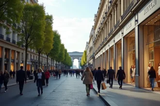 Vue grand angle de l'Avenue des Champs-Élysées avec des piétons devant les boutiques de luxe et l'Arc de Triomphe en arrière-plan