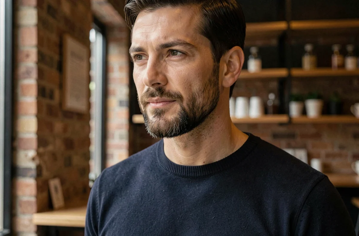 Homme aux alentours de 35 ans arborant une barbichette soignée dans un café urbain moderne, portrait éditorial réaliste