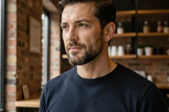 Homme aux alentours de 35 ans arborant une barbichette soignée dans un café urbain moderne, portrait éditorial réaliste