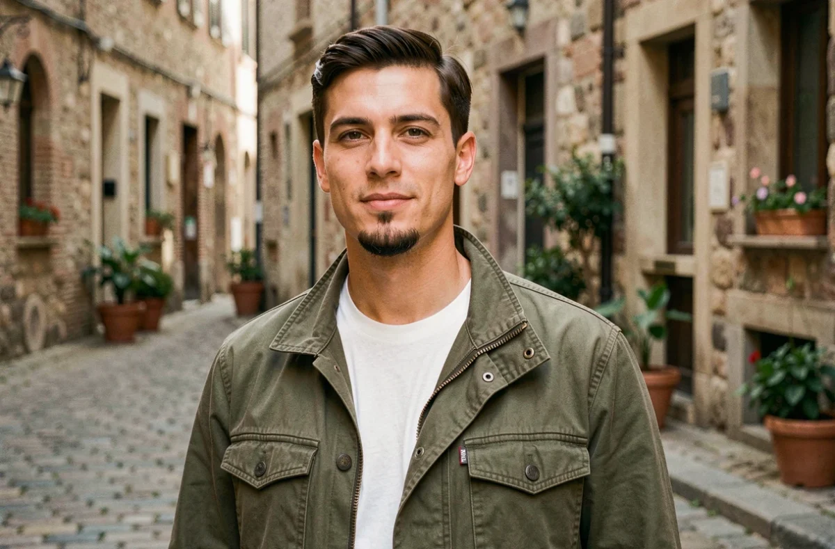 Jeune homme en fin de vingtaine avec une barbichette définie en veste de terrain, portrait de rue dans un quartier européen historique