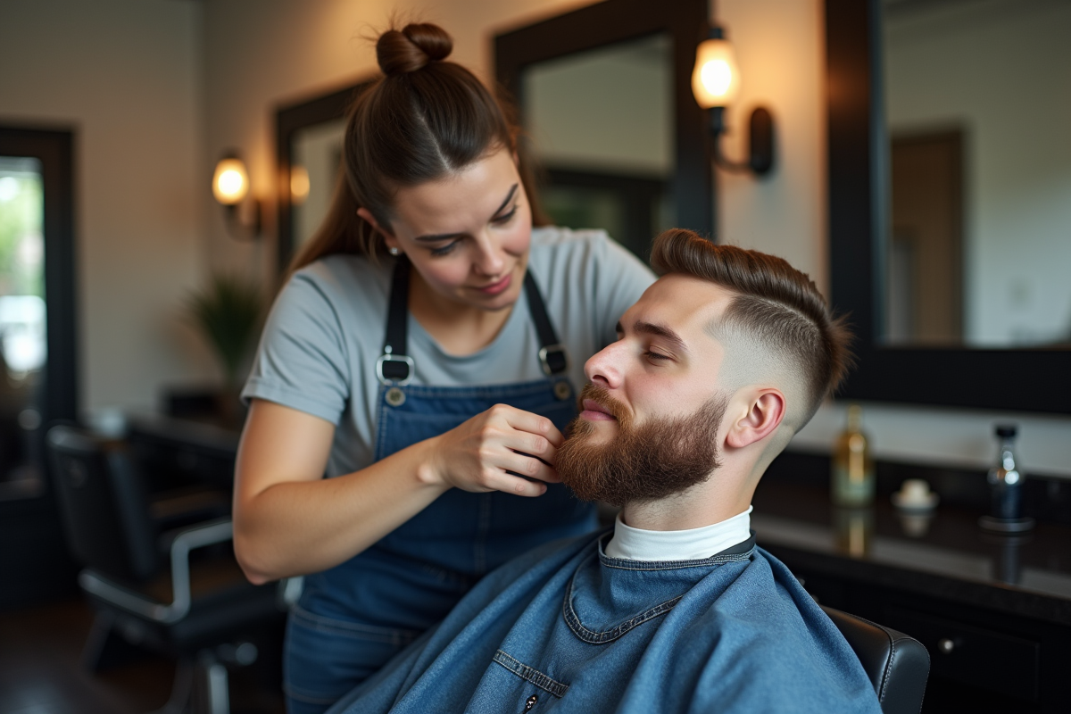 Jeune femme barbier façonnant une barbe ducktail dans un salon moderne