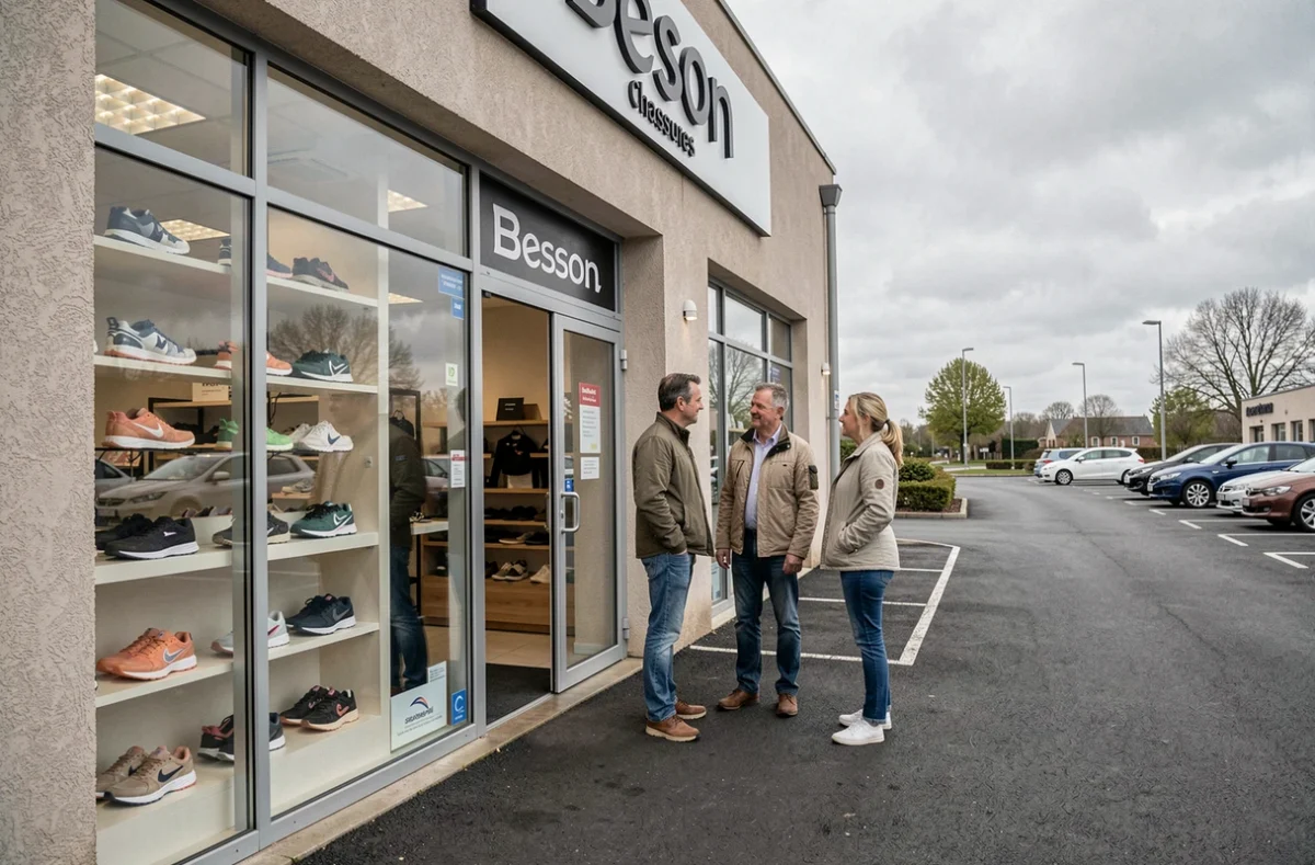 Devanture du magasin Besson à Saran avec un couple regardant les chaussures en vitrine