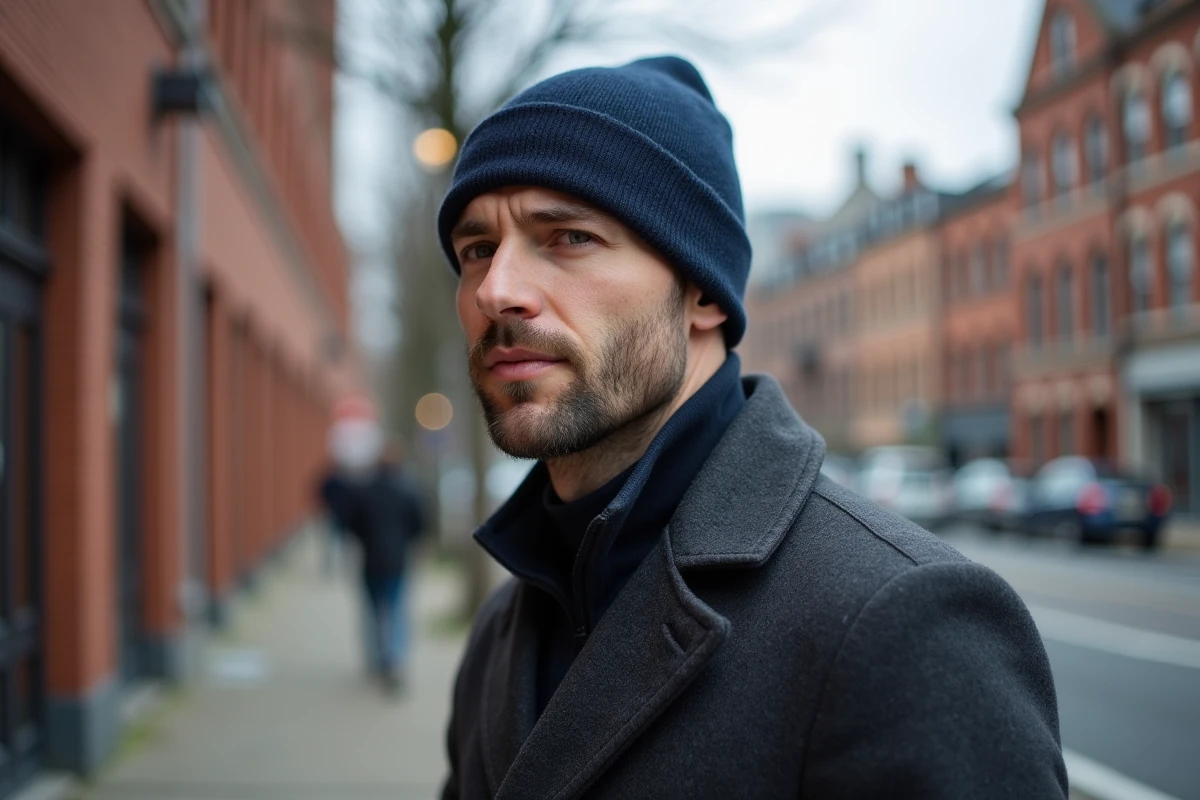 Homme portant un bonnet uni bleu marine avec un manteau en laine, style sobre et élégant en milieu urbain
