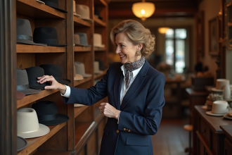 Femme élégante choisissant un chapeau dans une boutique raffinée