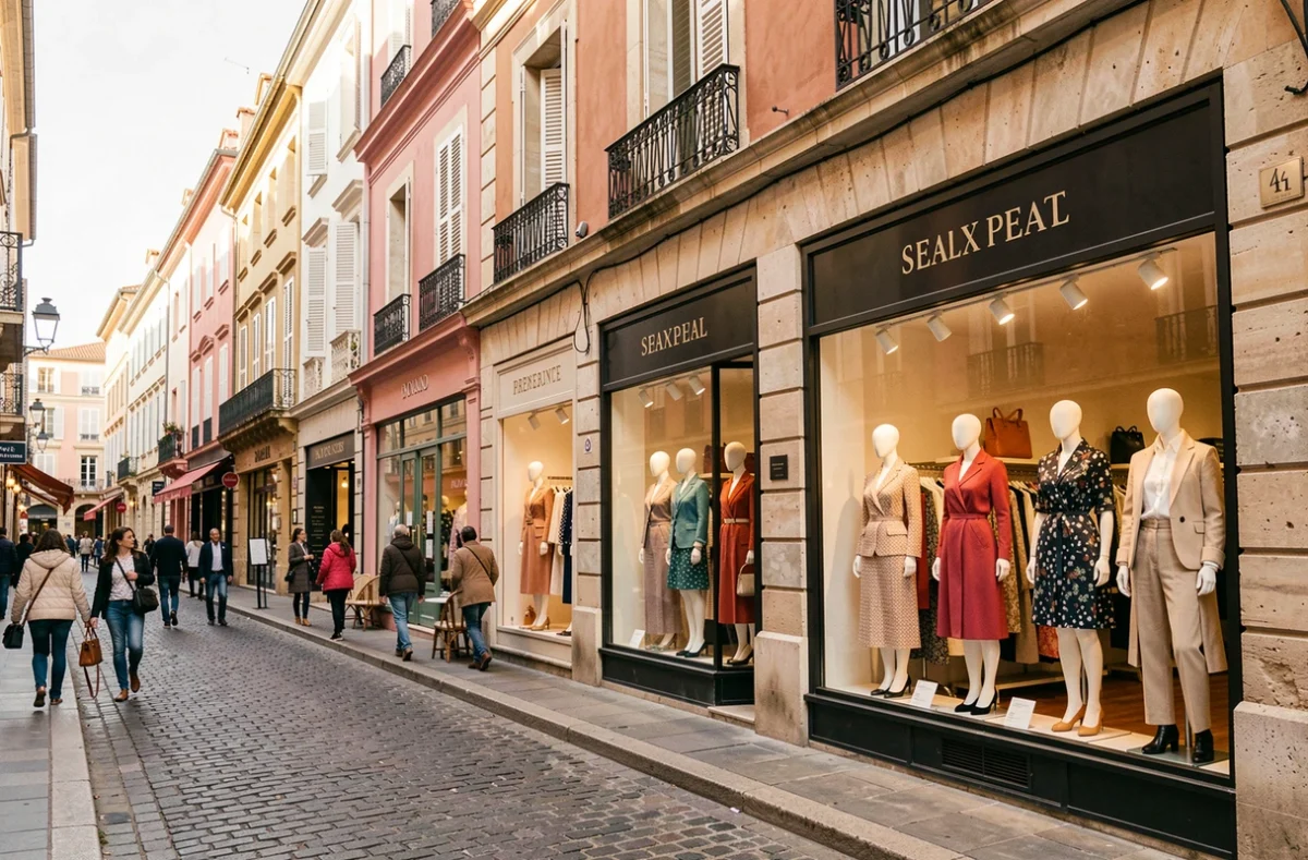 Rue commerçante de Toulouse avec des vitrines de boutiques de prêt-à-porter féminin indépendantes, façades en briques roses typiques de la Ville Rose
