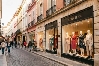 Rue commerçante de Toulouse avec des vitrines de boutiques de prêt-à-porter féminin indépendantes, façades en briques roses typiques de la Ville Rose