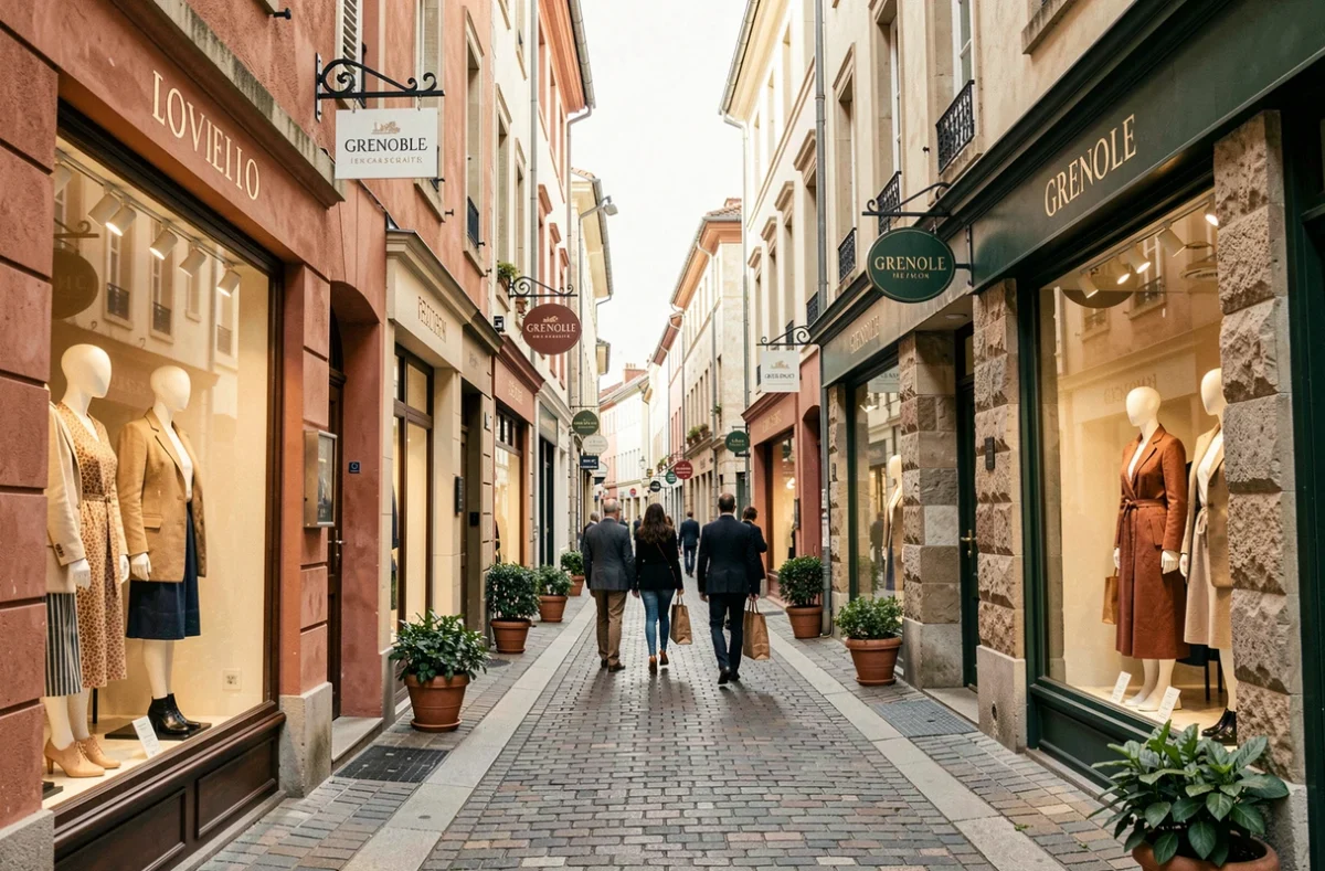 Rue commerçante de Grenoble avec des boutiques de vêtements indépendantes et des vitrines élégantes