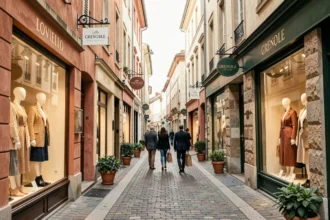 Rue commerçante de Grenoble avec des boutiques de vêtements indépendantes et des vitrines élégantes
