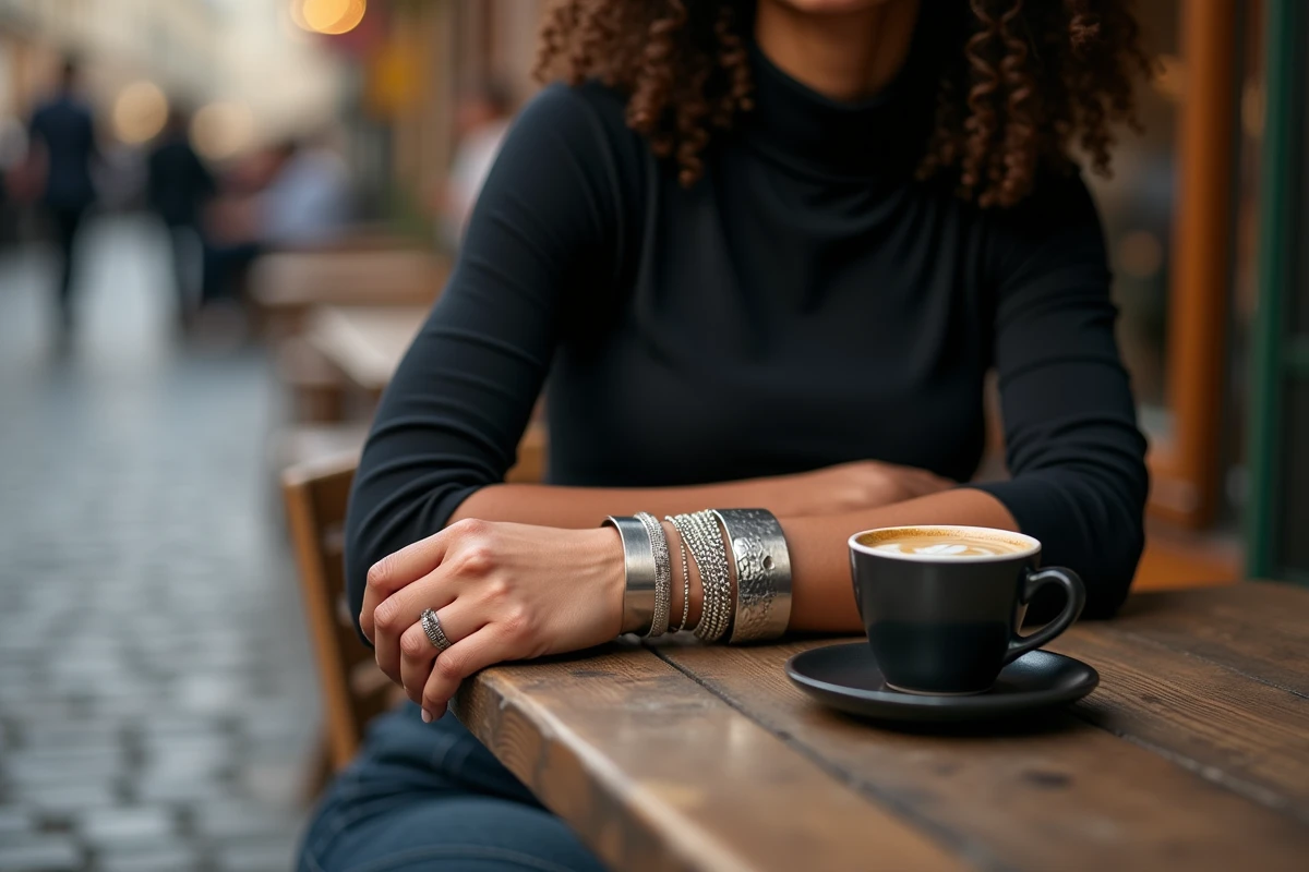Gros plan sur un bracelet large en argent martelé porté avec des bracelets fins au poignet dans un café parisien