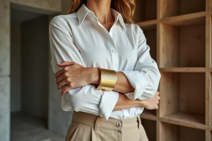 Femme portant un large bracelet doré avec une tenue minimaliste chic en appartement parisien