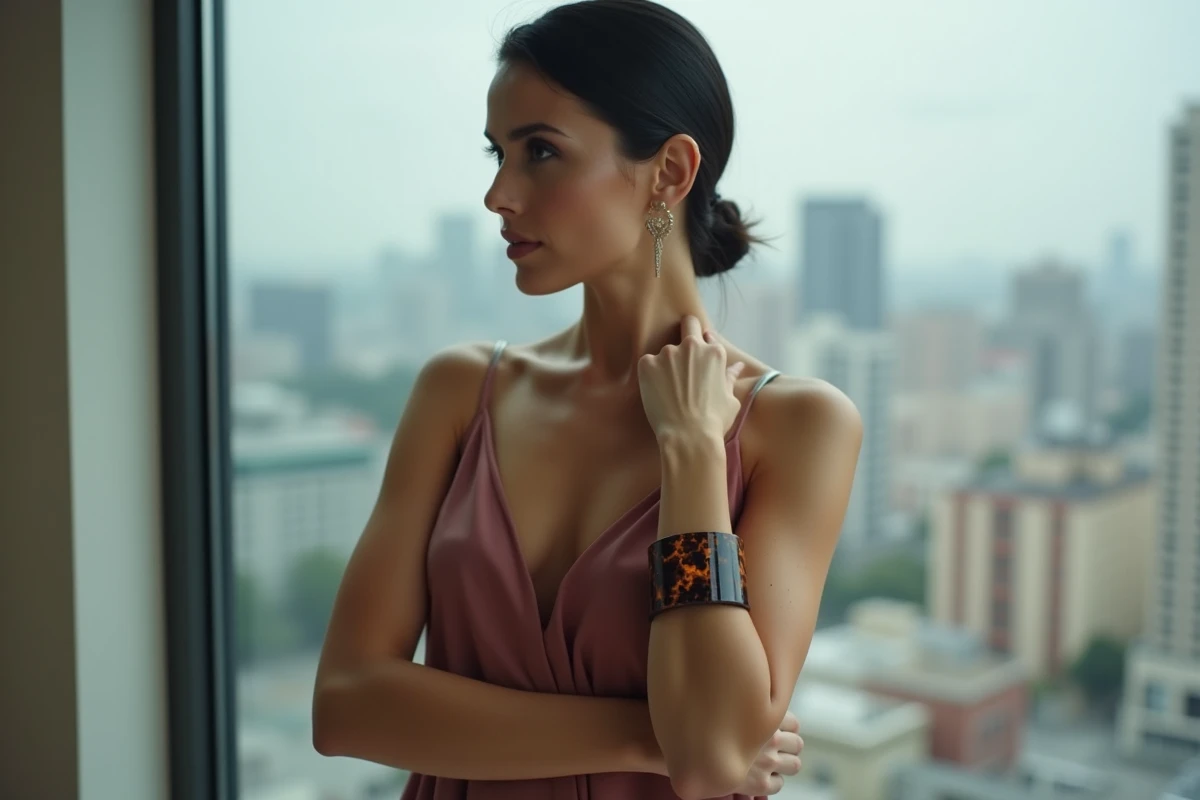 Femme élégante portant un large bracelet en résine écaille de tortue avec une robe en soie rose devant une fenêtre urbaine