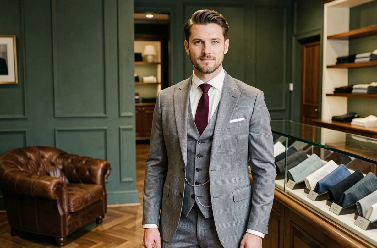 Un homme portant un costume de coupe anglaise dans la boutique British House Hommes à Versailles
