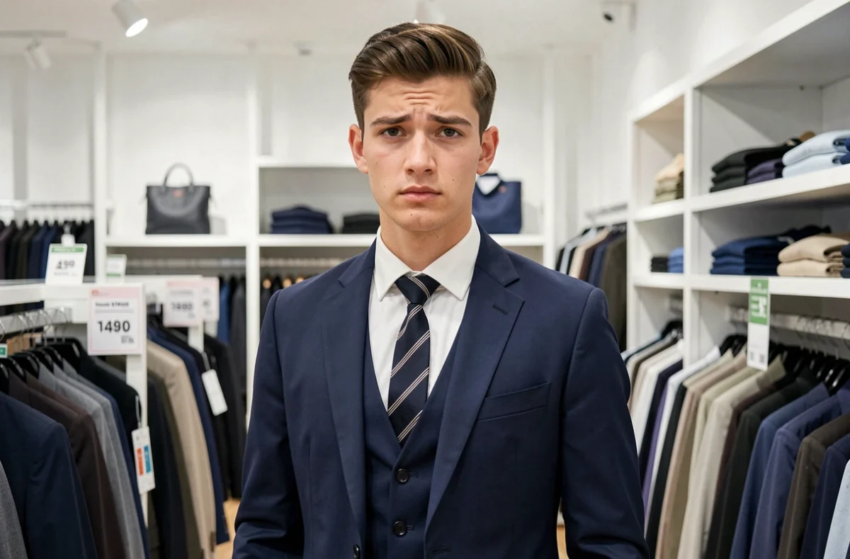Un jeune homme portant son premier costume entrée de gamme dans un magasin Burton à Versailles