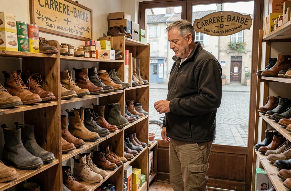 Un client parcourant les modèles de chaussures dans la boutique Carrere-Barbe à Saint-Amand-Montrond
