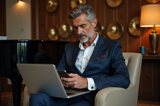 Chanteur élégant en studio musique luxe et détente