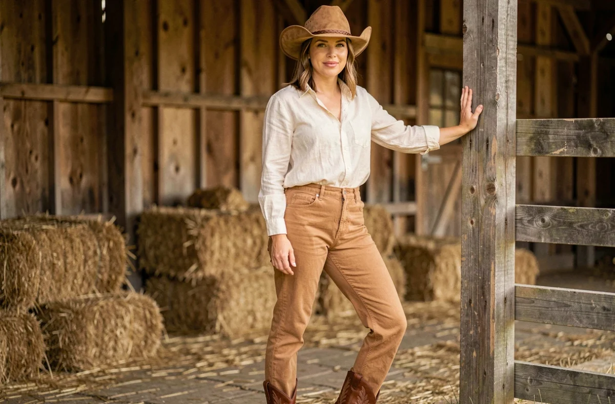 Femme portant un chapeau cowboy en daim beige et des bottes western cognac avec broderies florales dans une grange rustique en bois