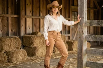 Femme portant un chapeau cowboy en daim beige et des bottes western cognac avec broderies florales dans une grange rustique en bois