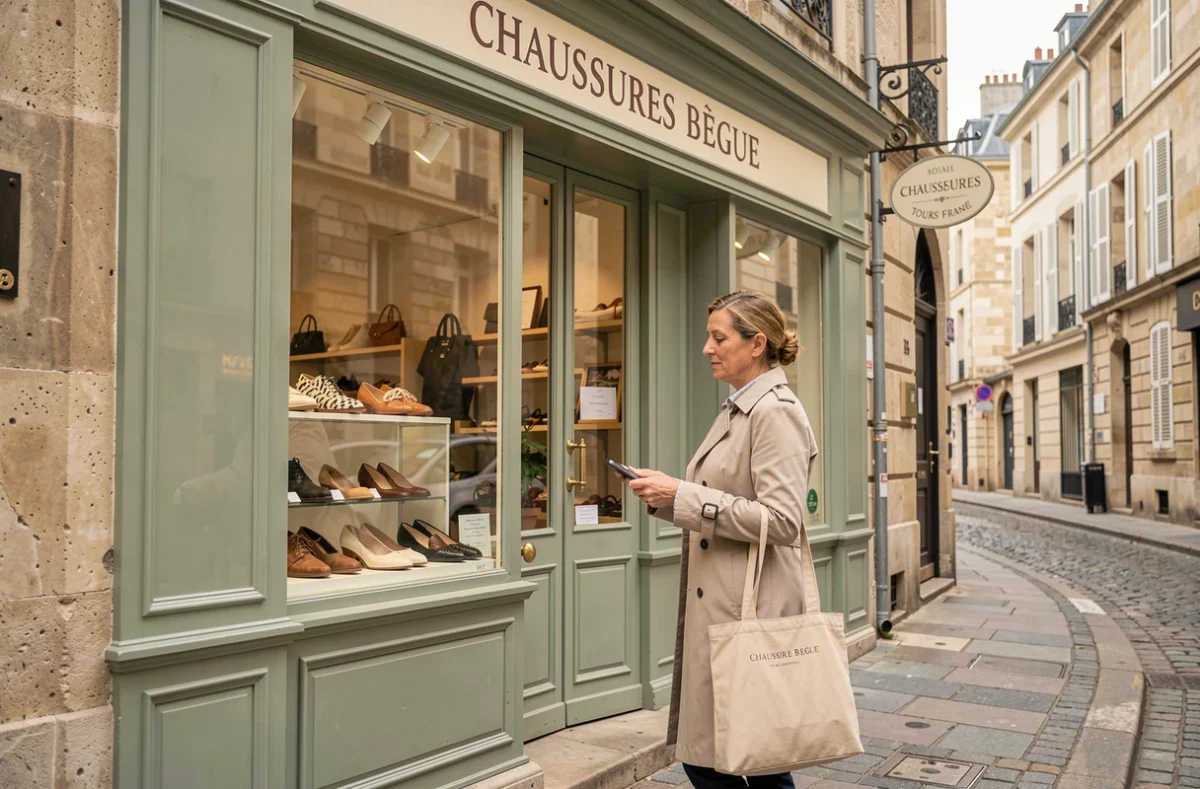 Une femme regardant la vitrine de la boutique Chaussures Bègue de Tours sur une rue commerçante