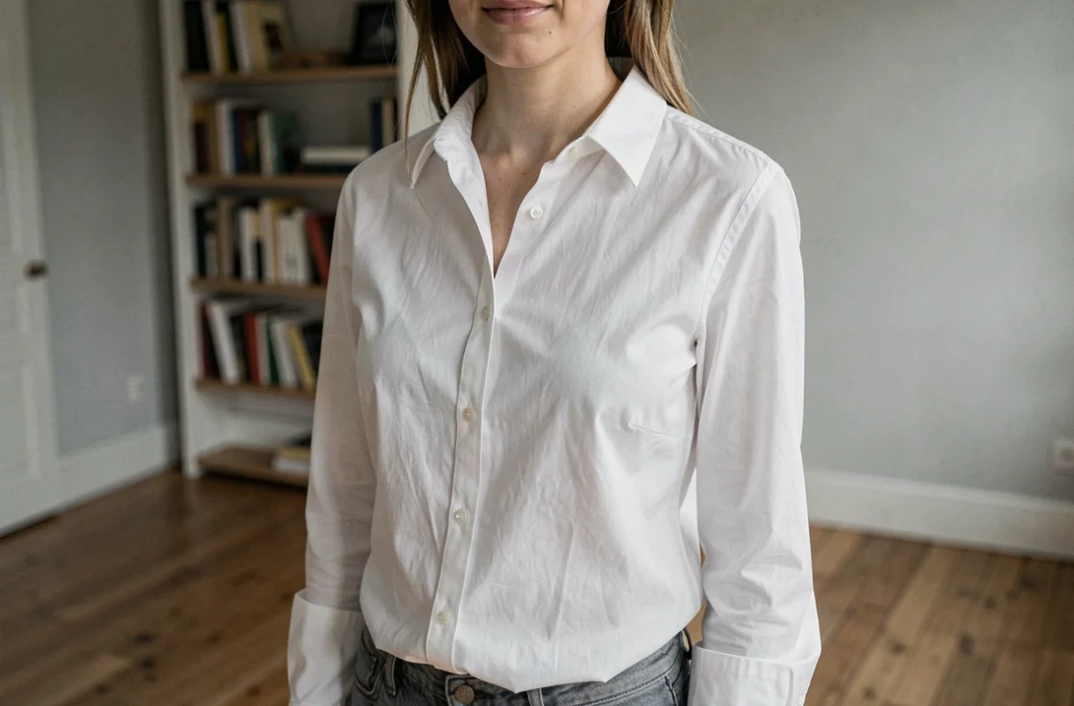 Femme portant un chemisier blanc en coton à col pointu dans un appartement parisien minimaliste, illustrant la coupe classique d'un chemisier féminin