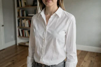 Femme portant un chemisier blanc en coton à col pointu dans un appartement parisien minimaliste, illustrant la coupe classique d'un chemisier féminin