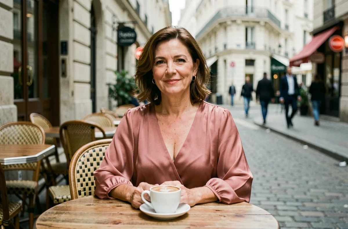Femme d'une quarantaine d'années en chemisier en soie rose poudré à col V et manches bouffantes, assise en terrasse dans une rue pavée parisienne