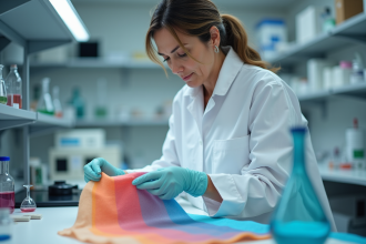 Chercheuse en laboratoire examinant un tissu coloré