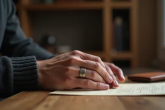 Homme portant une chevalière en argent massif et lisant une gravure personnalisée, gros plan sur les mains