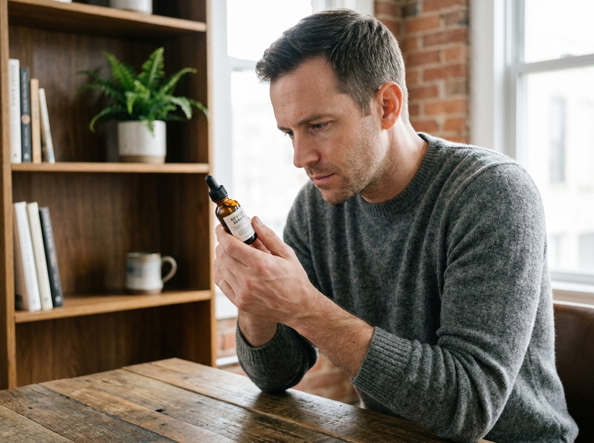 Homme élégant lisant l'étiquette d'un flacon de sérum anti-âge dans un bureau moderne et chaleureux