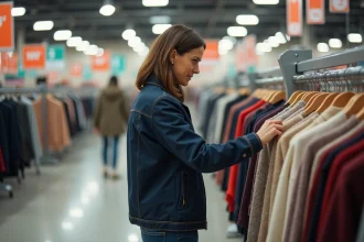 Cliente d'une quarantaine d'années qui parcourt un rayon de pulls dans un grand magasin de vêtements C&A