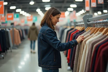 Cliente d'une quarantaine d'années qui parcourt un rayon de pulls dans un grand magasin de vêtements C&A