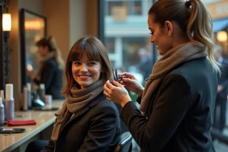 Femme en blazer se faisant couper les bangs par une coiffeuse