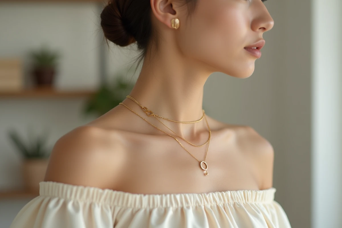 Femme portant un collier choker en or fin sur un haut en soie ivoire, style minimaliste élégant 2026