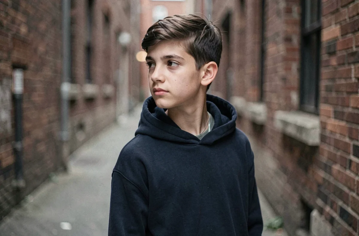 Adolescent réservé portant un fin collier chaîne argenté discret sous un hoodie bleu marine dans une ruelle urbaine