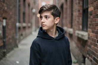 Adolescent réservé portant un fin collier chaîne argenté discret sous un hoodie bleu marine dans une ruelle urbaine