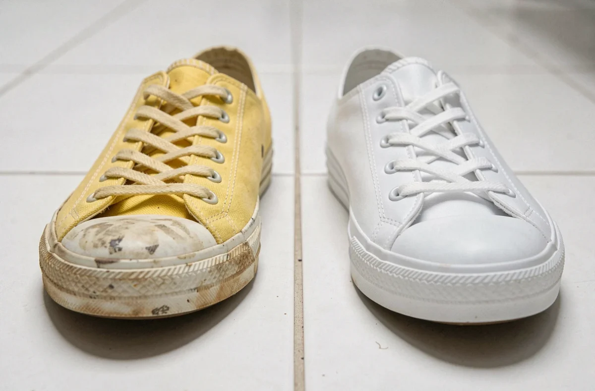 Comparaison avant après d'une sneaker jaunie et d'une sneaker restaurée avec de la peinture chaussure blanche sur carrelage blanc
