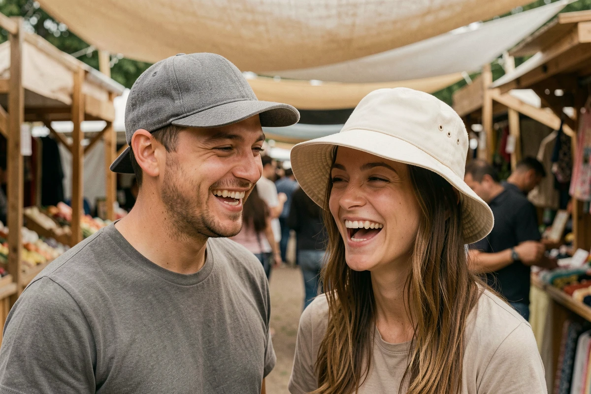 Deux amis comparant un bob et une casquette dans un marché extérieur selon leur forme de visage respective