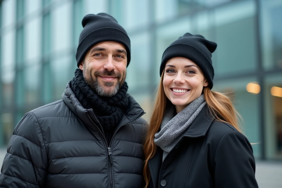 Deux collègues portant un bonnet uni et un bonnet à logo devant un immeuble moderne, comparaison style professionnel