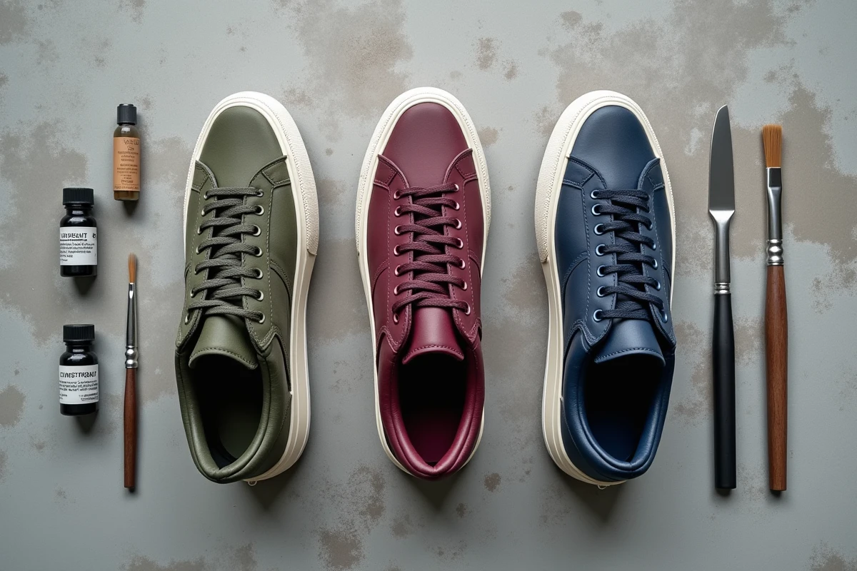 Comparaison de trois finitions de peinture pour sneakers – mate, satinée et brillante – sur fond de béton gris avec accessoires de peinture