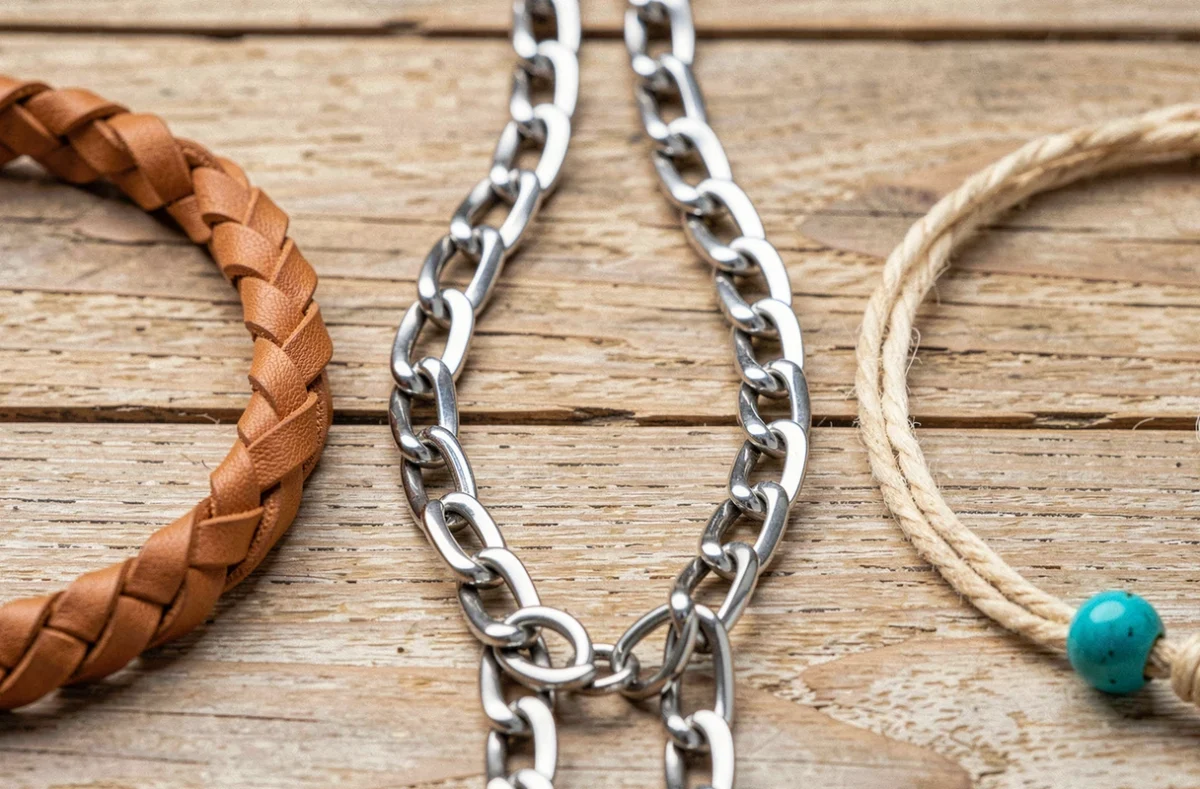 Comparaison de trois bracelets en cuir, acier inoxydable et coton naturel posés sur une surface en bois clair