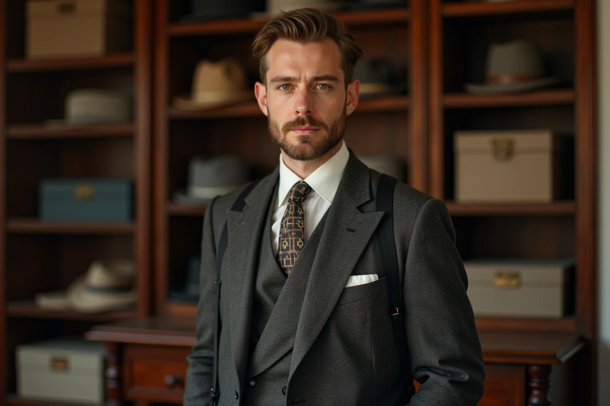 Homme élégant en costume double boutonnage années 30 avec cravate art déco et chaussures bicolores dans une boutique de tailleur vintage